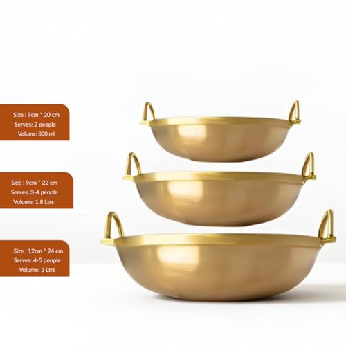 NUTRION Pure Bronze Kadai Set of 3 (8", 9", 10") – Handcrafted Tin-Coated Bronze Cookware Combo, Traditional Kerala Cooking, Chemical-Free, Durable, Oven Safe