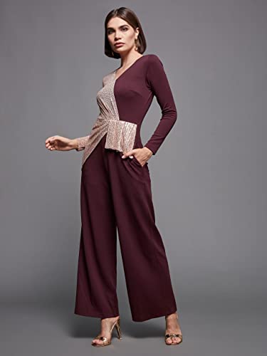 Image of Miss Chase Women's Halter Neck Sleeveless Solid Wide Leg Sequin Paneled Regular Length Jumpsuit