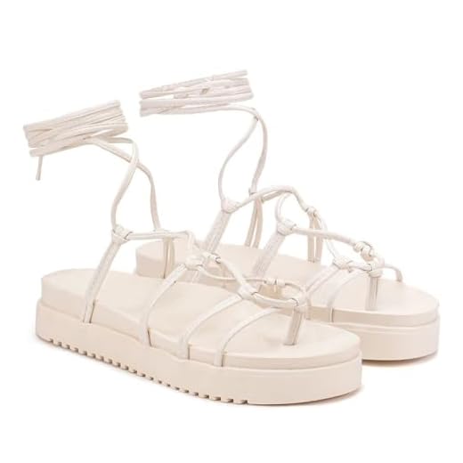 Sandália Feminina Gladiadora de Amarrar na Perna Papete Aranha GuGi 904-GG (Marfim,37)