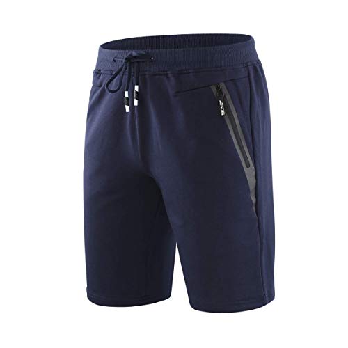 CLOUSPO Short Sport pour Homme Bermuda Séchage Rapide Short de Course avec Poches Zippées Léger Respirant pour Jogging Entraînement Gym Fitness été Coton(Bleu,M)