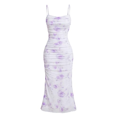 Image of Women's Floral Ruched Bodycon Midi Dress Sleeveless Mesh Fishtail Slip Dresses