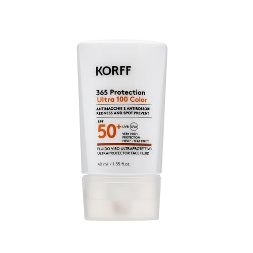 Korff 365 Protection, Ultra 100 Color Fluido Viso SPF50+ UVA/UVB e HEVL, Protezione Solare Idratante Molto Alta per Pelle Sensibile, 40 ml