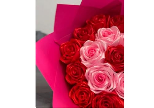 Image of Handcrafted Satin Rose Bouquet Handmade Flowers, Decorative Ribbon Bow for Valentine's Day, Wedding, Home Decor, Anniversary, Birthday with 4 Personalized poloroid photo (Red and Pink)