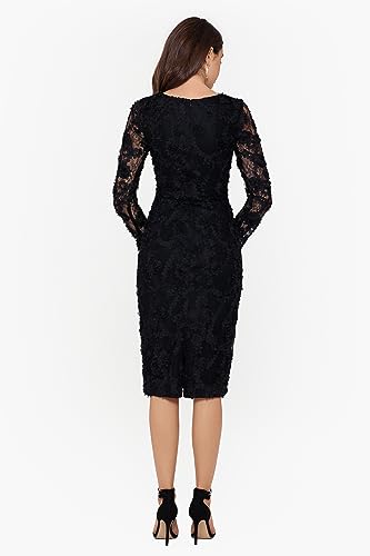 Image of Xscape Womens Long Sleeve Raised Floral Lace Midi Length Dress (Reg and Petite)