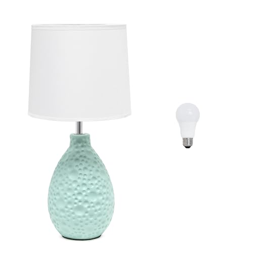 Simple Designs LT2003-BLU-LB 14.17″ Textured Stucco Ceramic Oval Table Lamp with LED Bulb, Blue