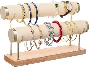 Image of Wooden Metal 2 Roll Cream Gold Metal Chrome Finished Wooden Jewellery Display Stand
