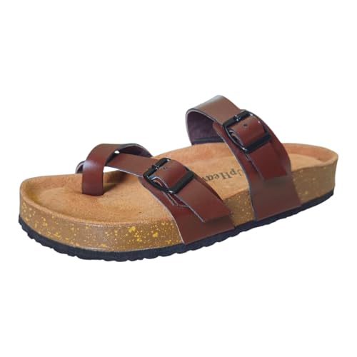Image of Women's Genuine Leather Slippers | Comfort Sandals | Cushioned Suede Footbed | Anti-Skid Cork Sole | Flip Flips for Everyday Use