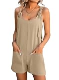 HOUZONIY Women's Casual Rompers Sleeveless Adjustable Knot Straps Short Jumpsuits with Pockets(Khaki,Large)