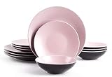 HomeVss Stoneware Two-Tone Colors Life 12pc Dinner Set，Outside Shiny Black + Inside Matte Glaze Ros