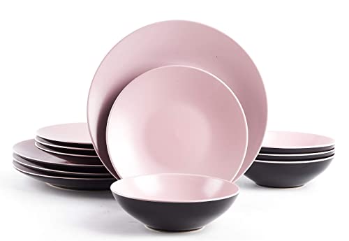 Homevss Stoneware Two-Tone Colors Life 12Pc Dinner Set，Outside Shiny Black + Inside Matte Glaze Rose #TOP22