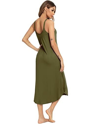 Roojaa Womens Sleeveless Long Nightgown Wide Strap Chemise Summer Loose Sleepshirt Army Green #TOP5
