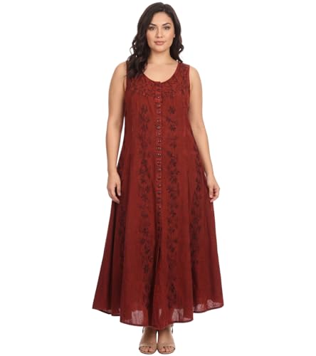 Image of Sakkas Maya Floral Embroidered Sleeveless Button Up Rayon Dress