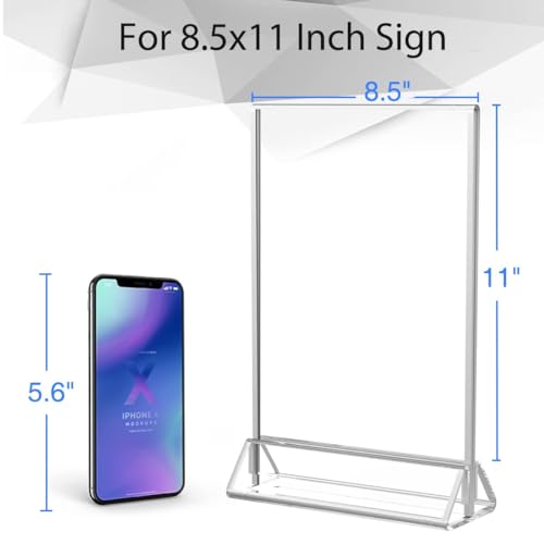 NIUBEE Acrylic Sign Holder 8.5x11 with Silver Borders and Vertical Stand, Clear Double Sided Table Menu Picture Frames Table Number Holders for Office Restaurant, Front Desk, Vendor, Wedding (6 Pack)
