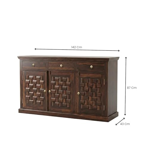 Image of SONA ART & CRAFTS Niwar Solid Sheesham Wood Sideboard Cabinet Storage Organizer with 3 Drawer & 3 Door Cabinet for Home Kitchen Living Room & Bedroom Multi Shelves Cabinets Hallway (Walnut Finish)