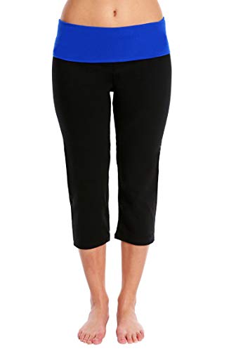 Blis Women Yoga Workout Legging Capri Pant with Foldover Fold Over Color Waistb