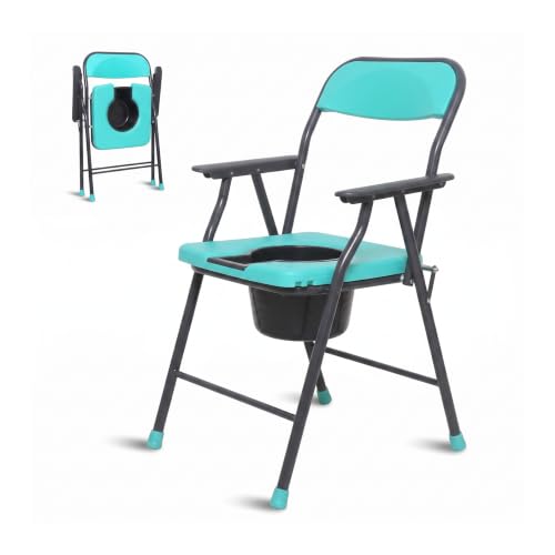 Image of ANATOMIX Folding Commode Chair - Stainless Steel Mobile Toilet Seat for Elderly, Disabled & Pregnant Women | Safe Shower & Bathing Stool | 100 Kg Capacity (Blue)