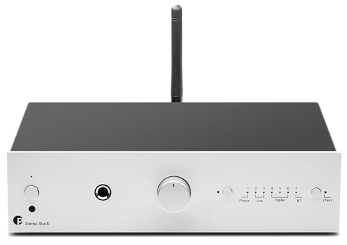 Pro-Ject Stereo Box E, Kompakter integrierter Hi-Fi-Stereo-Verstärker mit BT 5.0, Subwoofer Ausgang, 2X optisch In, 1x koaxial SPDIF In, 2x40W (Silber)
