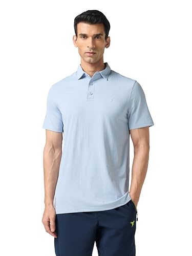 Image of TECHNOSPORT Men's Solid Slim Fit Polo Collar T-Shirt COTFLEX Half Sleeve Button Polyester for Gym Running Workout UPF50+ Anti Odour