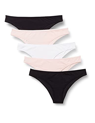 Iris & Lilly Culotte Brésilienne Taille Haute en Microfibre et Dentelle Femme, Lot de 5, Noir/Rose Pâle/Blanc, 38