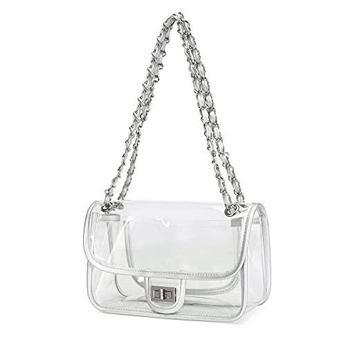 Image of Womens PVC Clear Purse Handbag with Chain Stadium Approved Clear Bag See Through Bag for Working and Concert