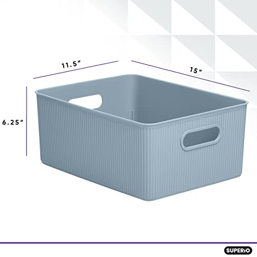 Image of Superio Ribbed Decorative Plastic Home Storage Bins 2 Pack, Blue Organizer Baskets 15 Liter, Boxes for Organizing Closet Shelf (Bin with Lid- Large)