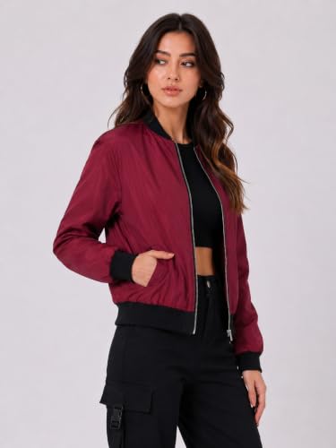 Image of Women's Bomber Jacket | Lightweight Zip-Up Casual Jacket | Full Sleeve Ribbed Collar Solid Jacket with Pockets | Stylish Outdoor Windcheater