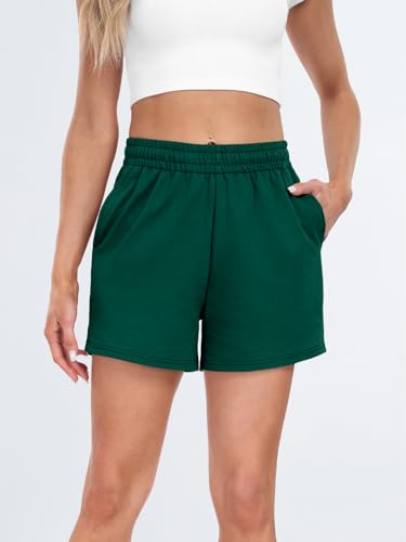 AUTOMET Womens Sweat Shorts Casual Summer Drawstring Comfy Elastic High Waist Running Clothes with Pockets Dark Green L
