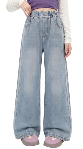 Jean jambe large fille bleu en denim coupe droite baggy 5-14 ans