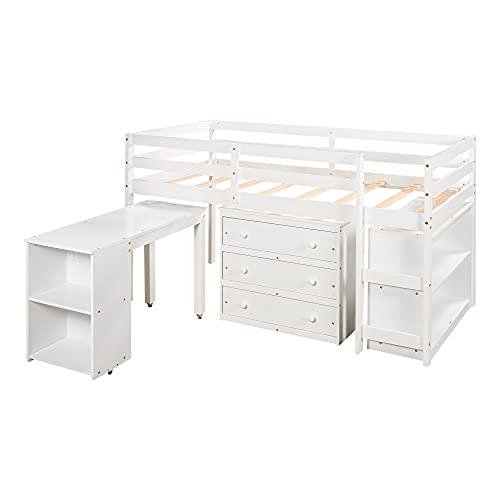 Artist Unknown Wszjj Twin Size Bed Frame Low Study Loft Bed With Cabinet And Rolling Portable Desk 78" L X 43" W X 45" H White/Gray/Espresso (Color : A) #TOP4