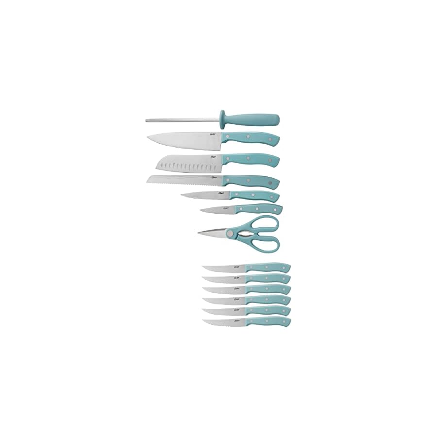 Oster-Evansville-14-Pc-Stainless-Steel-Kitchen-Knife-Cutlery-Set-WTurquoise-Handles-Black-Rubberwood-Block Oster Evansville 14 Piece Stainless Steel Kitchen Knife Cutlery Set W/Turquoise Handles & Black Rubberwood Block