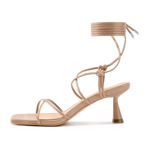 Image of ISNOM Strappy Sandals for Women Kitten Heels Lace Up Heels Stiletto Heels Wrap Around Heels with Square Toe