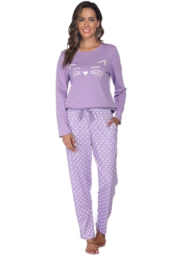 Reliwel Pyjama Femme Coton Pyjama pour Femme à Manches Longues Vêtements de Nuit Femme Long Ensemble de Pyjama Chat 2 Pièces Doux Confortable Poches Tenue...