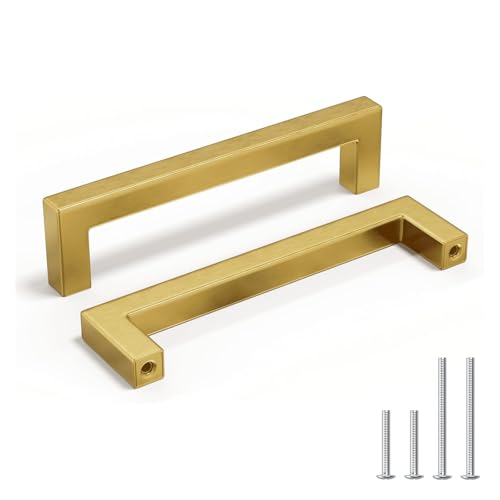homdiy 5 Inch Gold Cabinet Pulls 6 Pack Brushed Brass Cabinet Pulls Gold Kitchen Handles Square Cabinet Hardware for Cupboard Doors