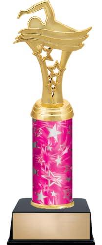 11.25" Swim Star Trophies - Custom Engraved Swim Pink and Silver Star Column Trophy Awards