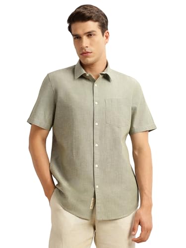 Image of Thomas Scott Men's | Solid | Linen Blend | Slim Fit | Short Sleeve | Spread Collar | Casual |Shirts for Men