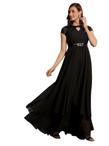 Image of Miss Chase Women's Round Neck Sleeve Embellished Fit Flare Maxi Dress