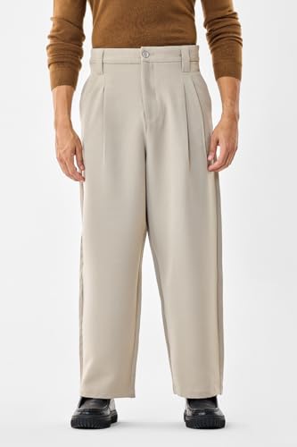 Image of SNITCH Men Casual Trousers | Baggy Fit Wide-Leg Design with Pleated Front & Button Closure | Durable Polyester Blend & Medium-Stretch Fabric for Summer Wear