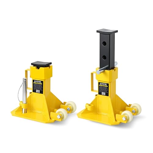 22 Ton Jack Stands Heavy Duty Pin Type Car Jack Stand with Lock 2 Caster Wheels AndWide Base Safety Design for Supporting Trucks Trailers and Equipment Adjustable Height 13.8-19.7 Yellow 1 Pair