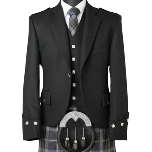 HS Elite Kilt Jacket Inc. - Men's Multi Color Serge Wool Argyle Kilt Jacket with Waistcoat Vest - Scottish Highland Formal Wear, Black, 44 Regular - Best Deal on Amazon