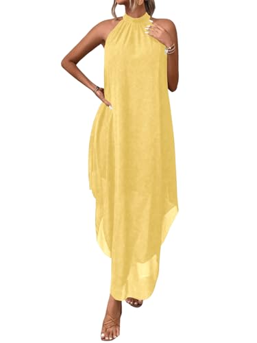 Image of Verdusa Women's Wedding Guest Dress Halter Flowy Chiffon Long Dresses | Cocktail Dress, Asymmetrical Dress for Women, Sleeveless, Prom Dress, Cruise Outfits, Boho