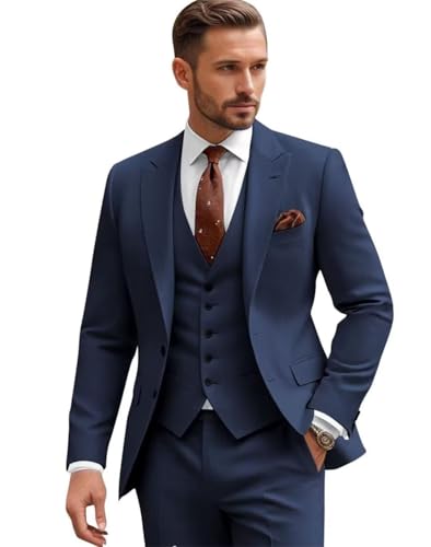 3 Piece Men's Wedding Suits Slim Fit Formal Groom Tuxedo Peak Lapel Business Blazer Vest Pants