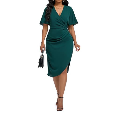 Image of Women's Wrap V Neck Asymmetrical Hem Midi Ruched Cocktail Evening Dress | Back Zipper, Regular Fit, Club Night, Semi Office Formal, Wedding Dinner Date, Flutter Short Sleeve, High Low Irregular Hem