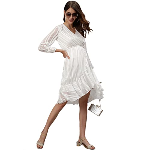 Image of ishin Women's Above Knee Length Silk Striped White Wrap Dress