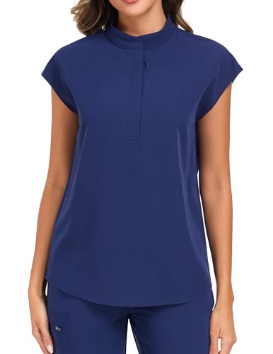 VECARDI Medical Scrub Tops for Women Zipper Front and Four Way Stretch Shirts Short Sleeves Top with Two Side Pockets Navy
