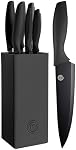 MasterChef Knife Set with Block, 6 Kitchen Knives and a Universal Knife Holder, Extra Sharp Stainless Steel Blades for Precise Cutting with Non Stick Coating & Soft Touch Easy Grip Handles, Black