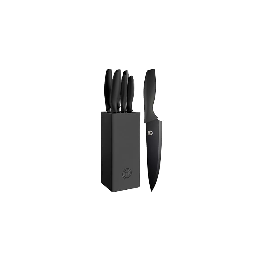 MasterChef Knife Block Set of 6 Kitchen Knives, Extra Sharp Stainless Steel Blades for Professional Cutting with Non Stick Coating & Soft Touch Easy Grip Handles in a Universal Block, Essential Black