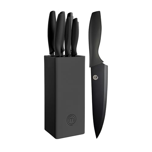 MasterChef Knife Set with Block, 6 Kitchen Knives and a Universal Knife Holder, Extra Sharp Stainless Steel Blades for Precise Cutting with Non Stick Coating & Soft Touch Easy Grip Handles, Black by MasterChef - Used condition - US$25.73