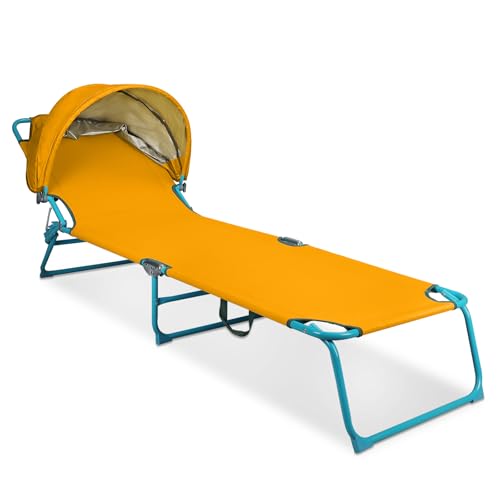 Northroad Outdoor Lounge Chair, Tanning Chair with Sunshade Roof, Adjustable Backrest Folding Chaise Lounge, Reclining Beach Bed for Beach, Camping, Hiking -Yellow