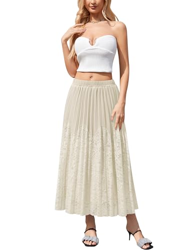 CYiNu Women's Lace Maxi Skirt Chiffon Tulle Elastic High Waist Boho Flowy Skirts(Beige,M) — view 2