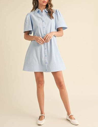 Image of Womens Short Sleeve Button Down Mini Shirt Dress Lapel Collar Short Dresses with Pocket